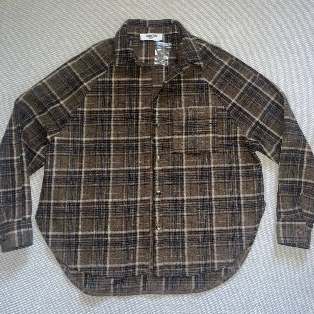 Women’s Double Zero Brown Navy Plaid Flannel Shirt Jacket Oversized Shacket Sz S